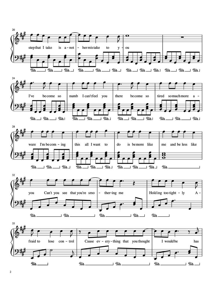 Page 2 of the piano sheet music PDF Piano - Numb Piano by Zakura