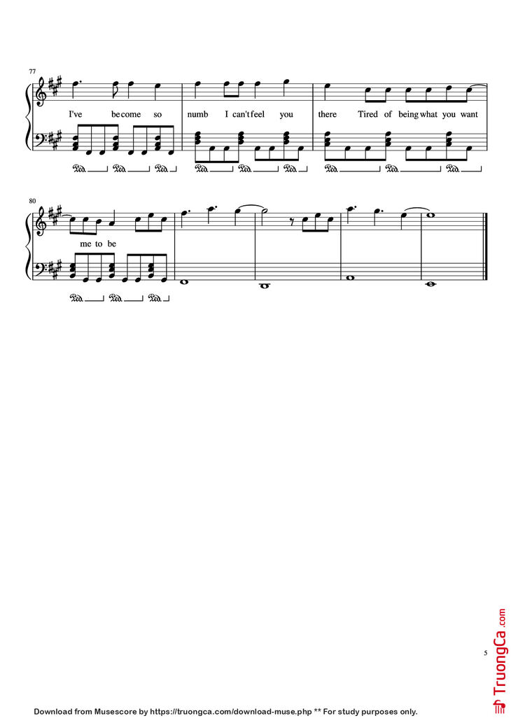 Page 5 of the piano sheet music PDF Piano - Numb Piano by Zakura