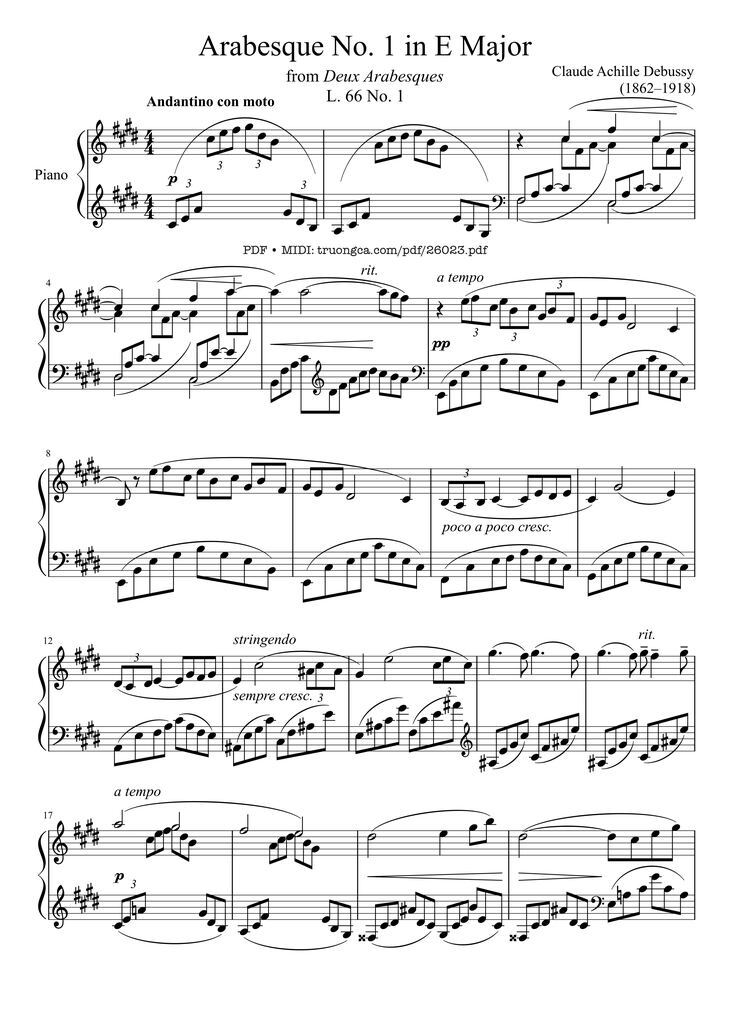 Page 1 of the piano sheet music PDF Piano - Arabesque No. 1 in E Major Piano by Claude Achille Debussy