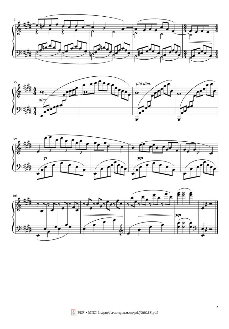 Page 5 of the piano sheet music PDF Piano - Arabesque No. 1 in E Major Piano by Claude Achille Debussy