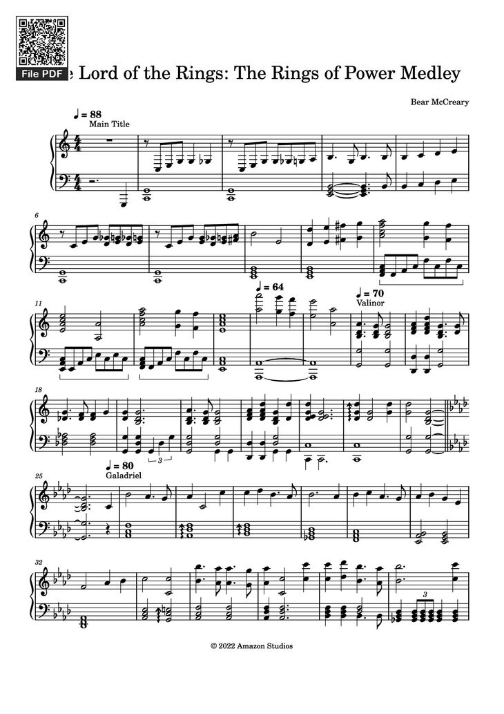 Page 1 of the piano sheet music PDF Piano - The Lord of the Rings: The Rings of Power Medley Piano by Bear McCreary