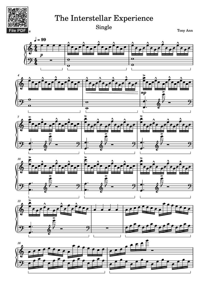 Page 1 of the piano sheet music PDF Piano - The Interstellar Experience Piano by Tony Ann