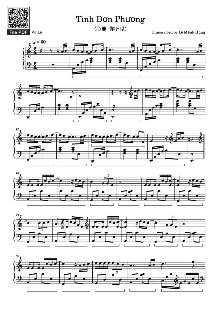 Page 1 of the piano sheet music PDF Piano - 心要让你听见 (Tình Đơn Phương) Piano by Transcribed by Lê Mạnh Hùng