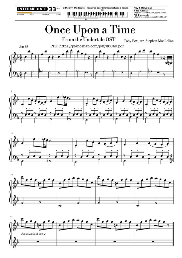 Page 1 of the piano sheet music PDF Piano - Once Upon a Time Piano by Toby Fox, arr. Stephen MacLellan