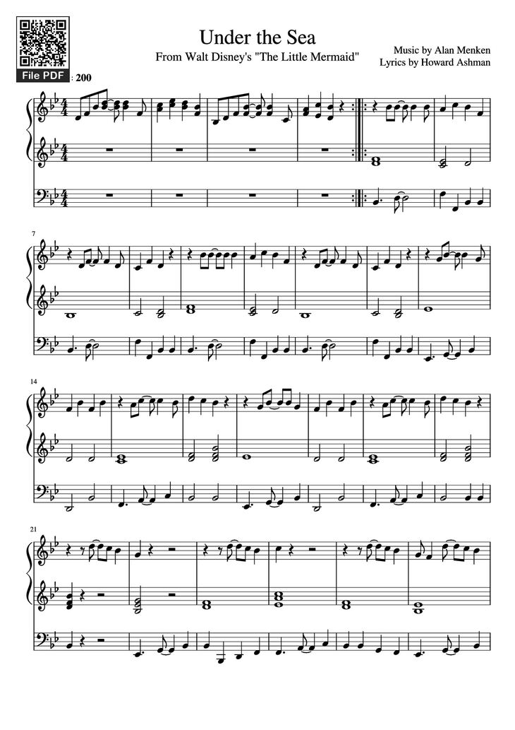 Page 1 of the piano sheet music PDF Piano - Under the Sea Piano by Music by Alan Menken Lyrics by Howard Ashman