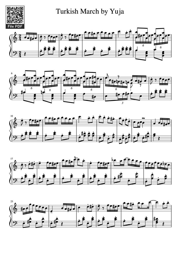Page 1 of the piano sheet music PDF Piano - Turkish March by Yuja Piano by Kyoko Akatsuka