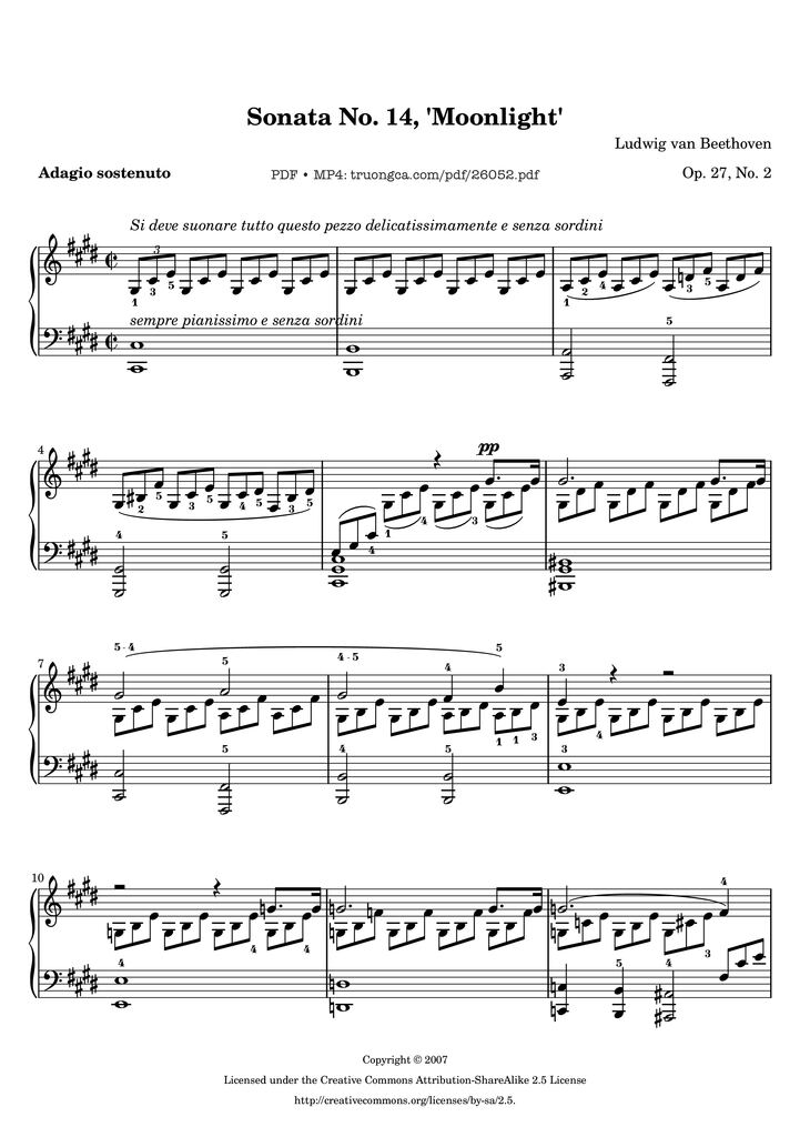 Page 1 of the piano sheet music PDF - Sonata No. 14, Moonlight 1st Movement (With Fingering) by Ludwig van Beethoven