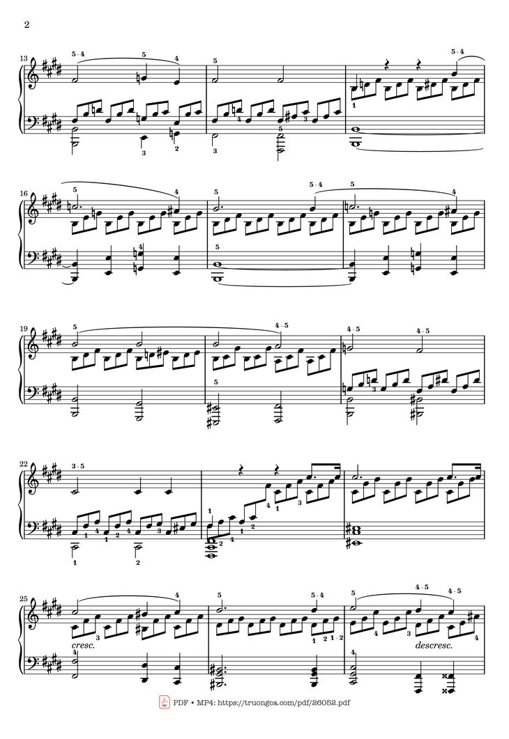 Page 2 of the piano sheet music PDF - Sonata No. 14, Moonlight 1st Movement (With Fingering) by Ludwig van Beethoven