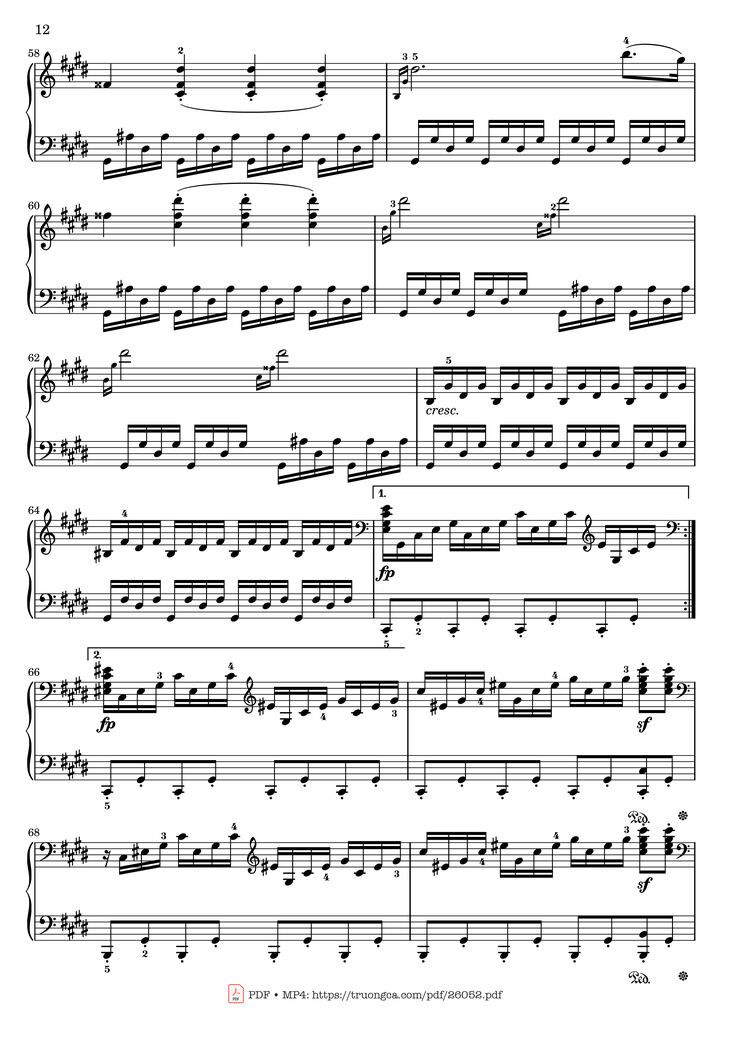 Page 12 of the piano sheet music PDF - Sonata No. 14, Moonlight 1st Movement (With Fingering) by Ludwig van Beethoven
