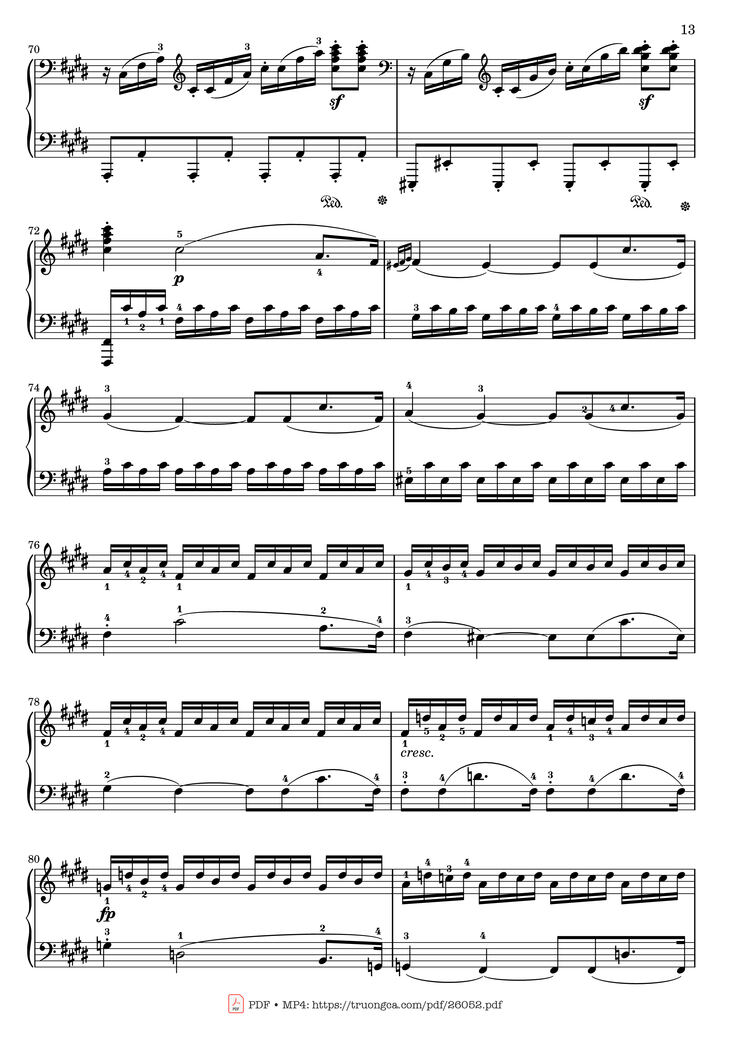 Page 13 of the piano sheet music PDF - Sonata No. 14, Moonlight 1st Movement (With Fingering) by Ludwig van Beethoven