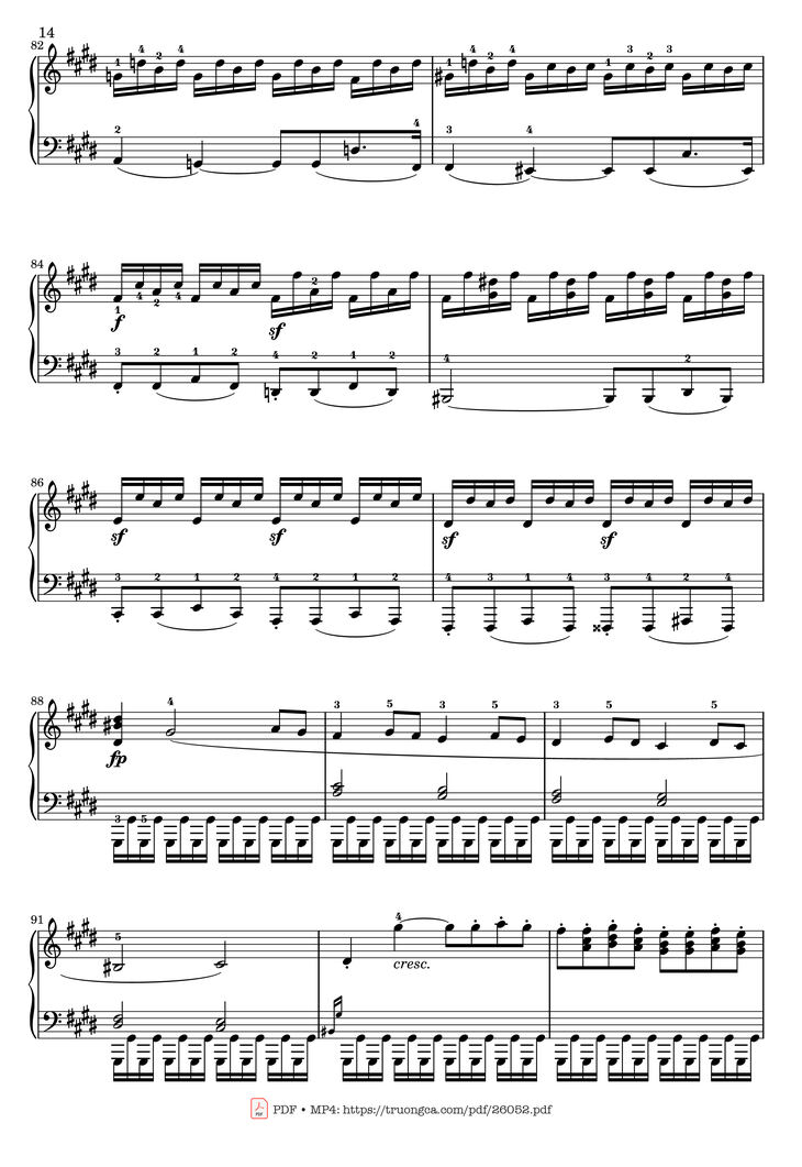Page 14 of the piano sheet music PDF - Sonata No. 14, Moonlight 1st Movement (With Fingering) by Ludwig van Beethoven
