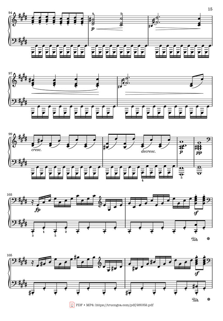 Page 15 of the piano sheet music PDF - Sonata No. 14, Moonlight 1st Movement (With Fingering) by Ludwig van Beethoven
