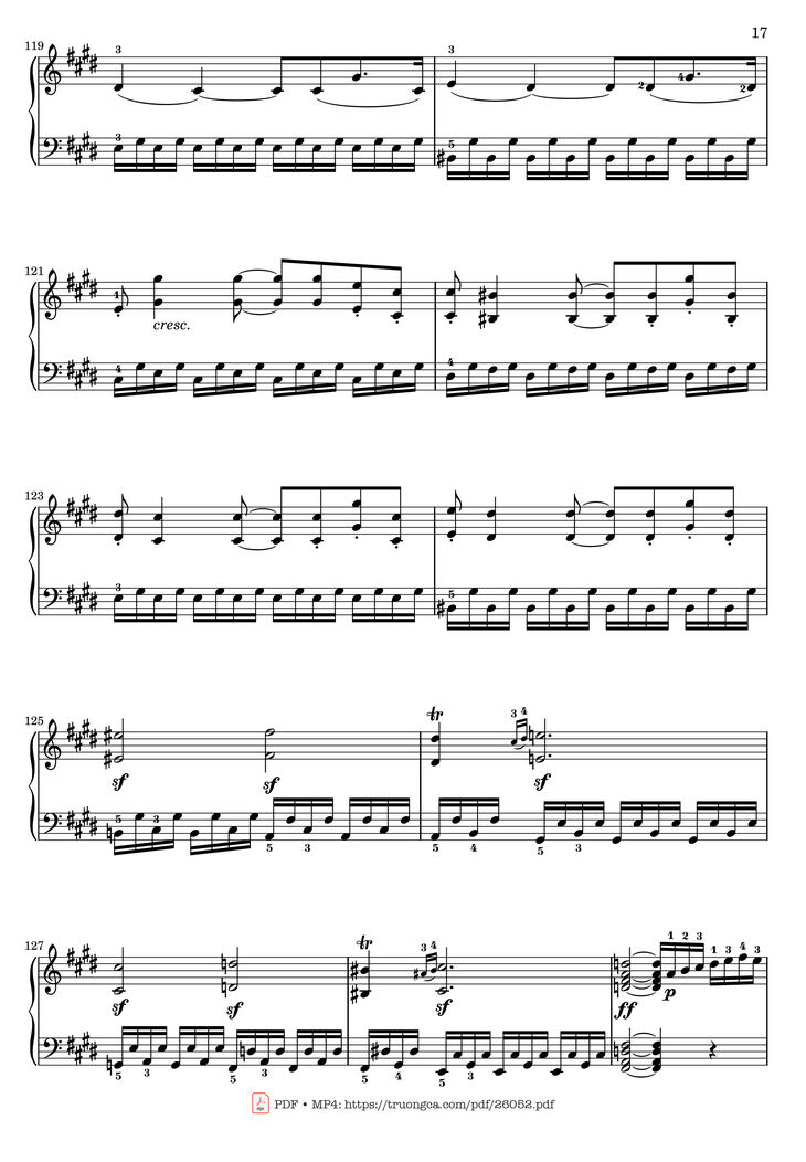 Page 17 of the piano sheet music PDF - Sonata No. 14, Moonlight 1st Movement (With Fingering) by Ludwig van Beethoven