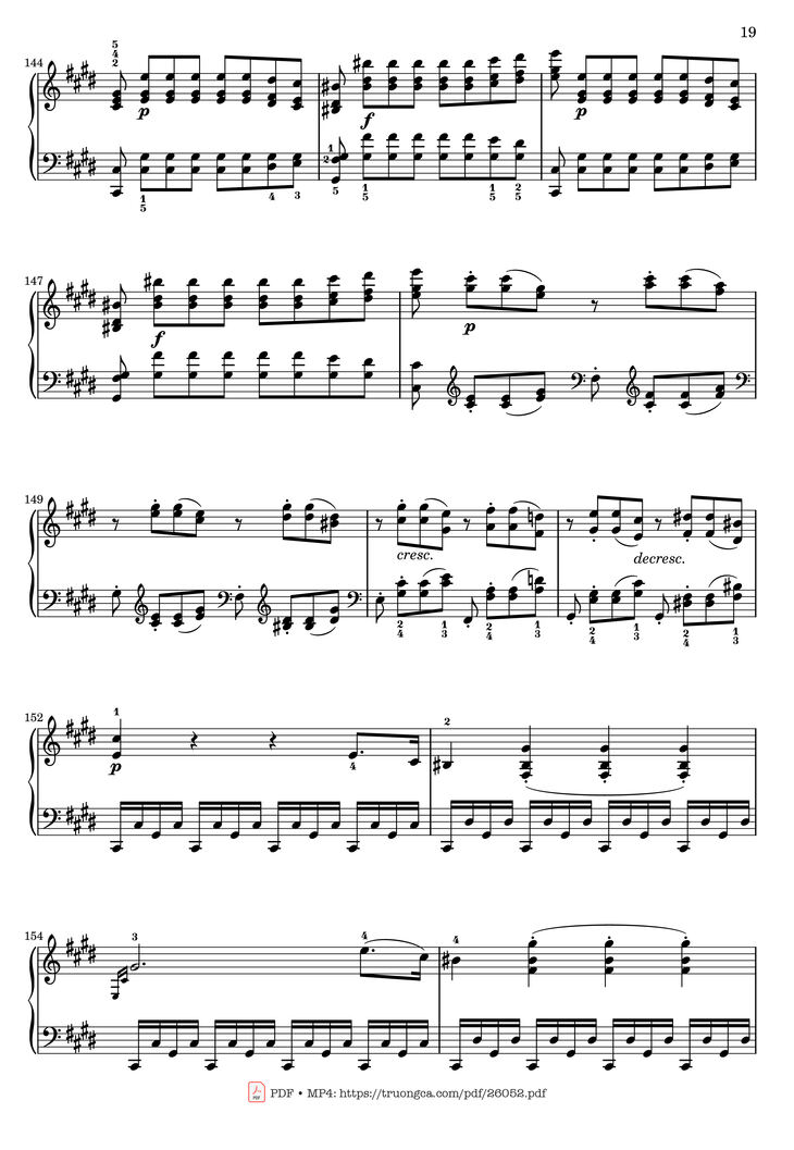 Page 19 of the piano sheet music PDF - Sonata No. 14, Moonlight 1st Movement (With Fingering) by Ludwig van Beethoven
