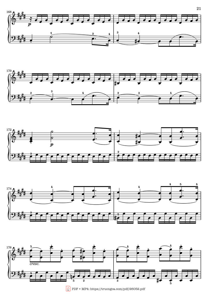 Page 21 of the piano sheet music PDF - Sonata No. 14, Moonlight 1st Movement (With Fingering) by Ludwig van Beethoven