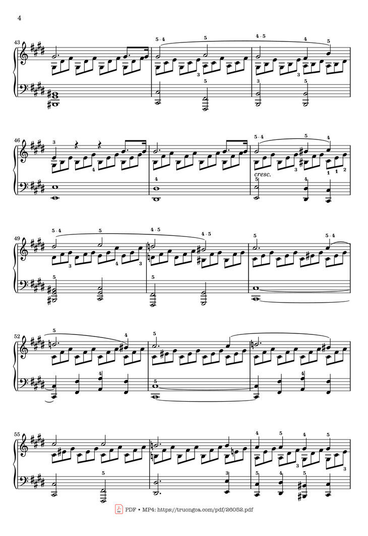 Page 4 of the piano sheet music PDF - Sonata No. 14, Moonlight 1st Movement (With Fingering) by Ludwig van Beethoven