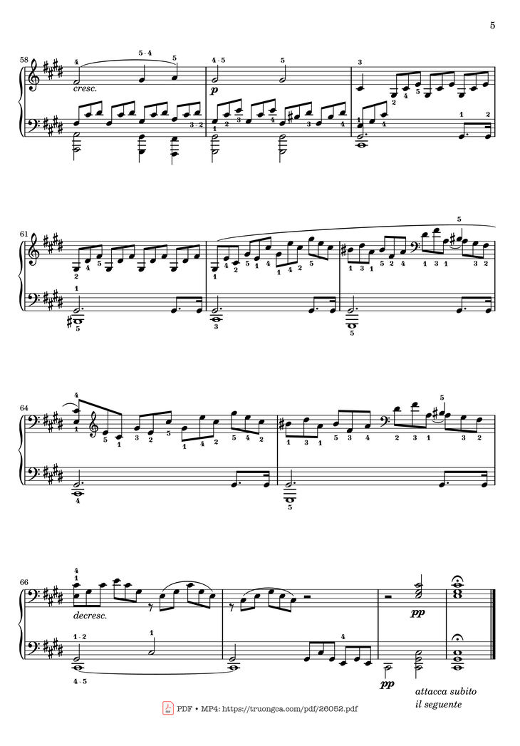 Page 5 of the piano sheet music PDF - Sonata No. 14, Moonlight 1st Movement (With Fingering) by Ludwig van Beethoven