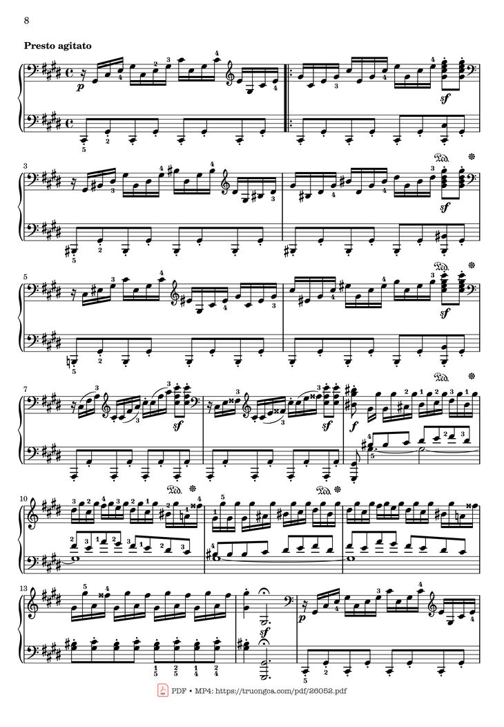 Page 8 of the piano sheet music PDF - Sonata No. 14, Moonlight 1st Movement (With Fingering) by Ludwig van Beethoven