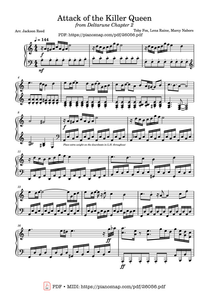 Page 1 of the piano sheet music PDF Piano - Attack of the Killer Queen Piano by Toby Fox, Lena Raine, Marcy Nabors