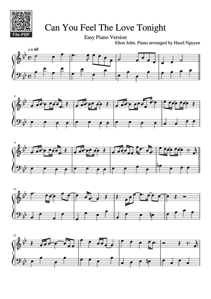 Page 1 of the piano sheet music PDF Piano - Can You Feel The Love Tonight Piano by Elton John. Piano arrranged by Hazel Nguyen