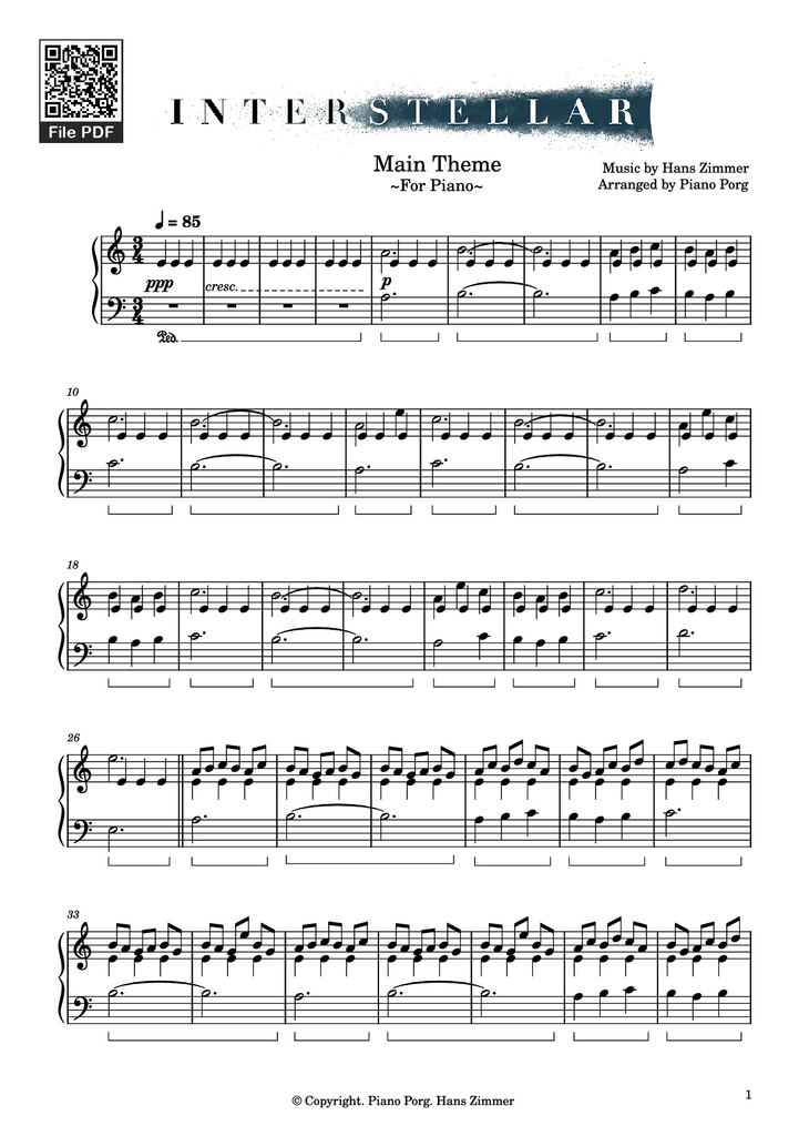 Page 1 of the piano sheet music PDF Piano - Interstellar Main Theme Piano by Music by Hans Zimmer