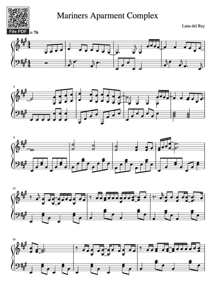 Page 1 of the piano sheet music PDF Piano - Mariners Aparment Complex Piano by Lana del Rey
