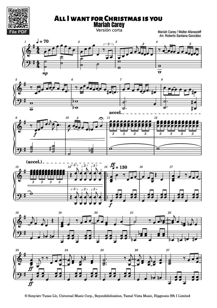Page 1 of the piano sheet music PDF Piano - All I want for Christmas is you Piano by Mariah Carey / Walter Afanasieff