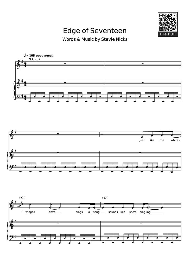 Page 1 of the piano sheet music PDF Piano - Edge of Seventeen Piano by STEVIE NICKS