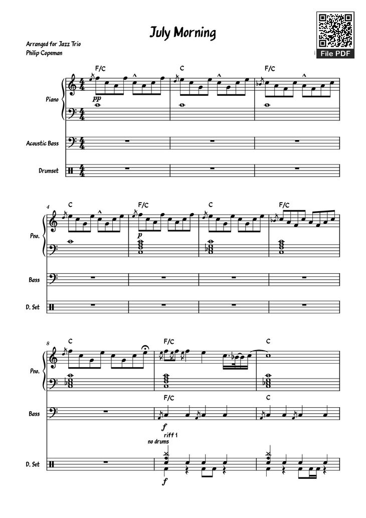 Page 1 of the piano sheet music PDF Piano Guitar Tab - July Morning Piano by Uriah Heep
