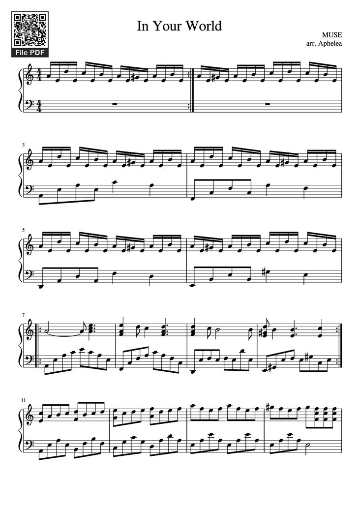 Page 1 of the piano sheet music PDF Piano - In Your World Piano by MUSE arr. Aphelea