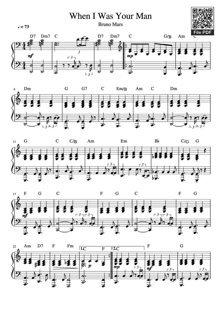 Page 1 of the piano sheet music PDF Piano - When I Was Your Man Piano by Undefined