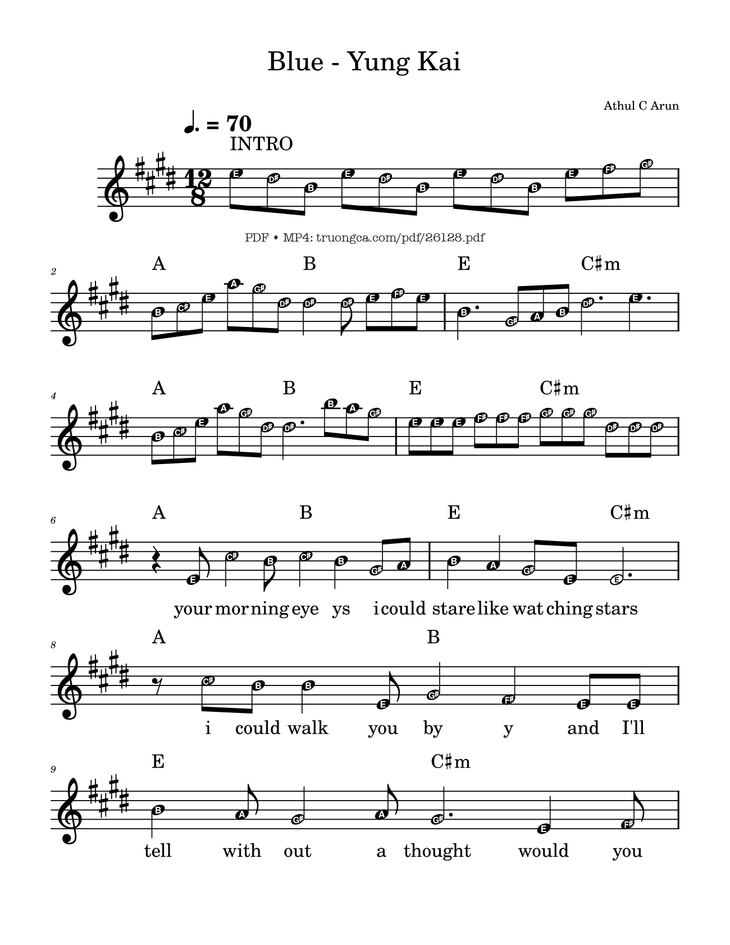 Page 1 of the piano sheet music PDF Piano - Blue - Yung Kai by Athul C Arun