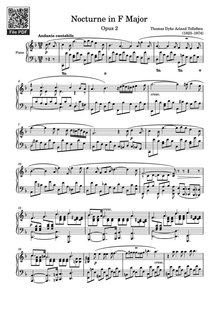 Page 1 of the piano sheet music PDF - Nocturne in F Major Piano by Thomas Dyke Acland Tellefsen