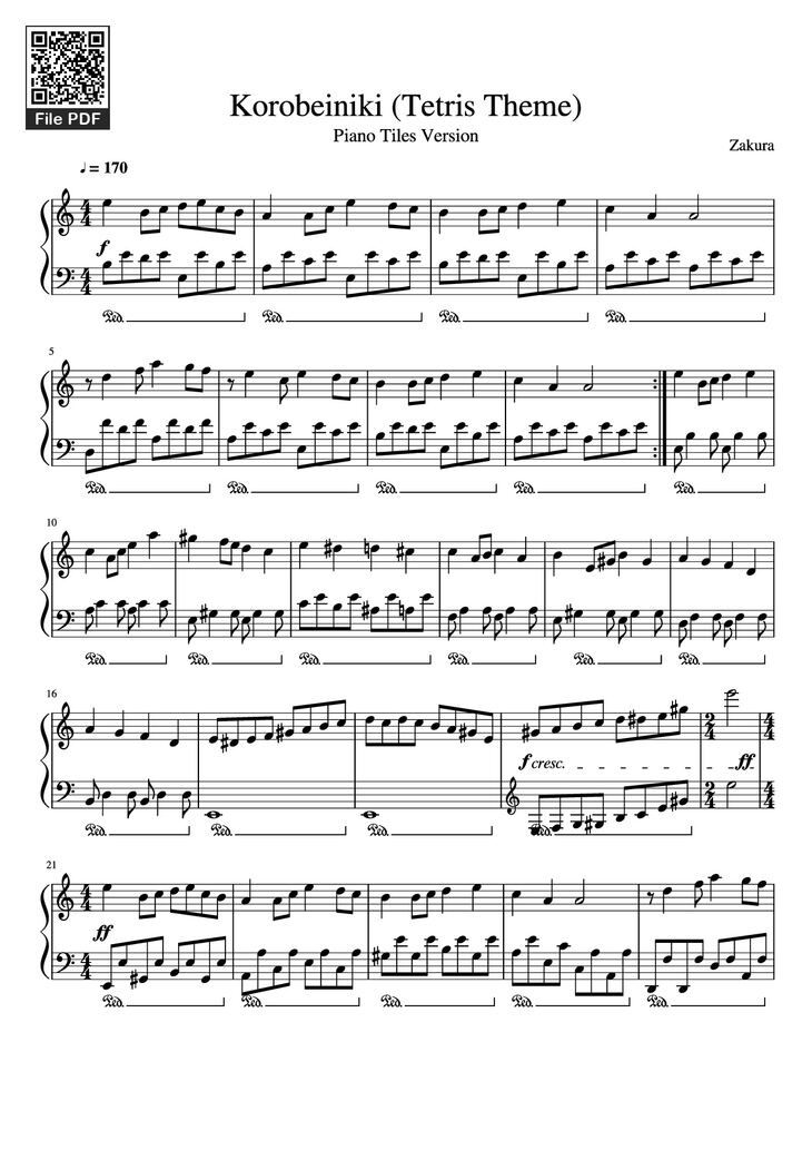 Page 1 of the piano sheet music PDF Piano - Korobeiniki (Tetris Theme) Piano by Zakura