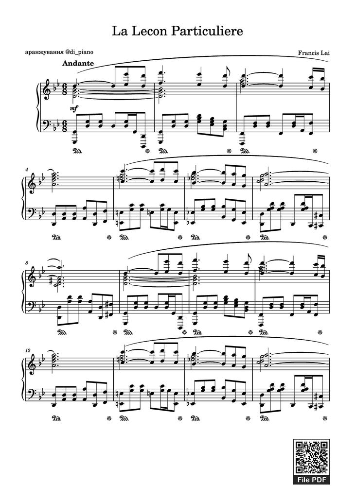 Page 1 of the piano sheet music PDF Piano - La Lecon Particuliere Piano by Francis Lai