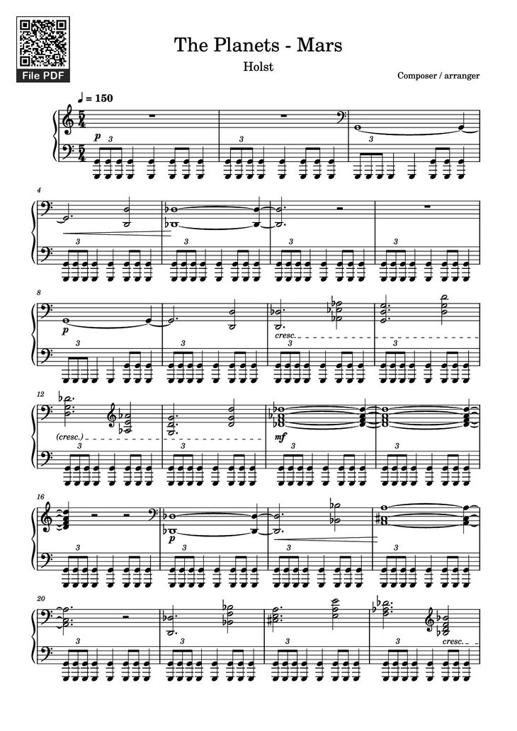 Page 1 of the piano sheet music PDF Piano - The Planets - Mars Piano by Composer / arranger