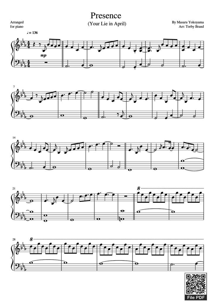 Page 1 of the piano sheet music PDF Piano - Presence Piano by Masaru Yokoyama