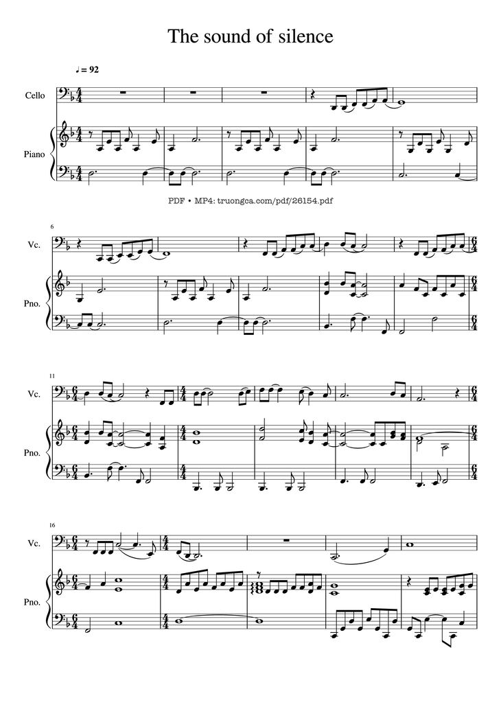 Page 1 of the piano sheet music PDF Piano - The sound of silence Piano - Cello Violin by Undefined