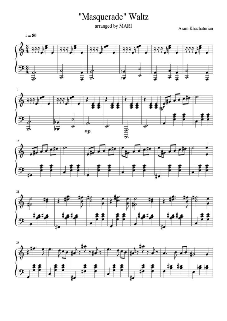 Page 1 of the piano sheet music PDF Piano - Waltz from Masquerade Piano by Khachaturian