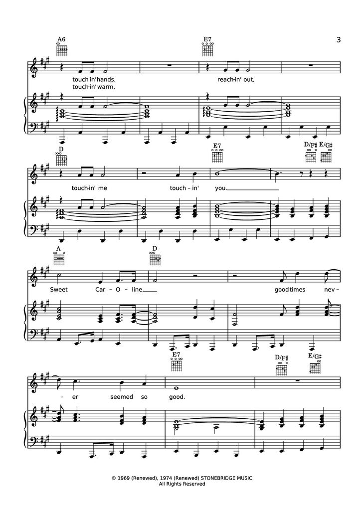 Page 3 of the piano sheet music PDF Piano - Sweet caroline Piano-Vocal by Neil Diamond