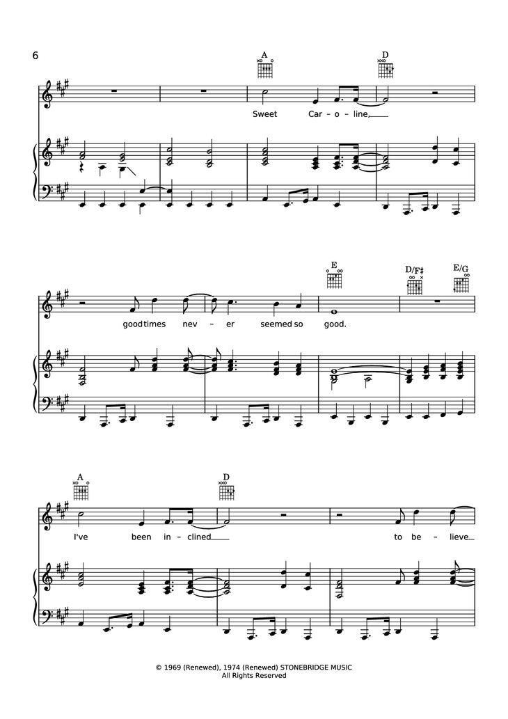 Page 6 of the piano sheet music PDF Piano - Sweet caroline Piano-Vocal by Neil Diamond
