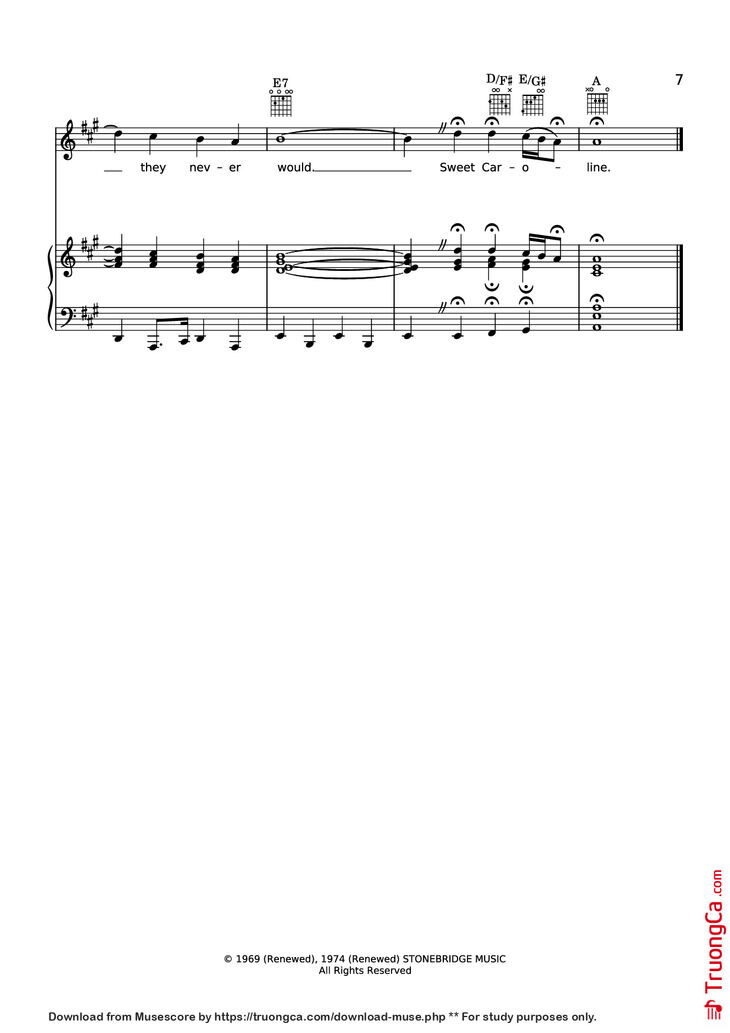 Page 7 of the piano sheet music PDF Piano - Sweet caroline Piano-Vocal by Neil Diamond