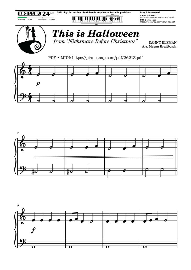 Page 1 of the piano sheet music PDF Piano - This is Halloween from Nightmare Before Christmas Piano by DANNY ELFMAN