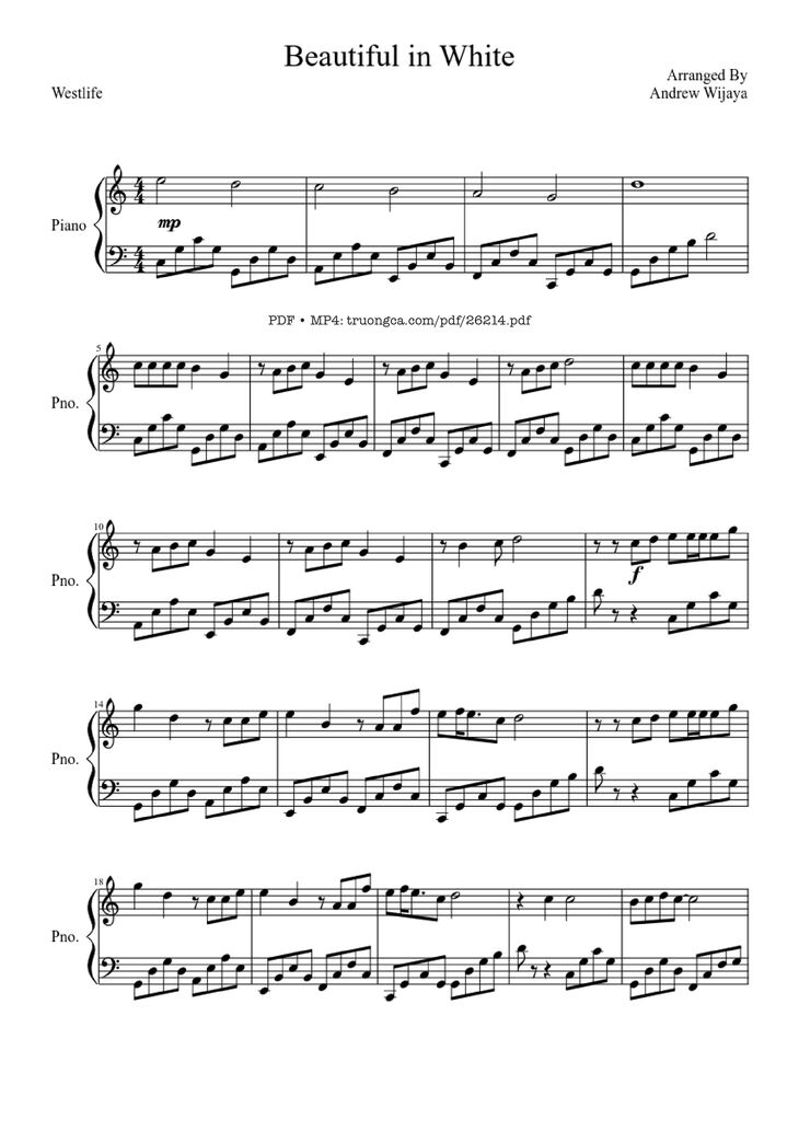 Page 1 of the piano sheet music PDF Piano - Beautiful in White Piano by Westlife