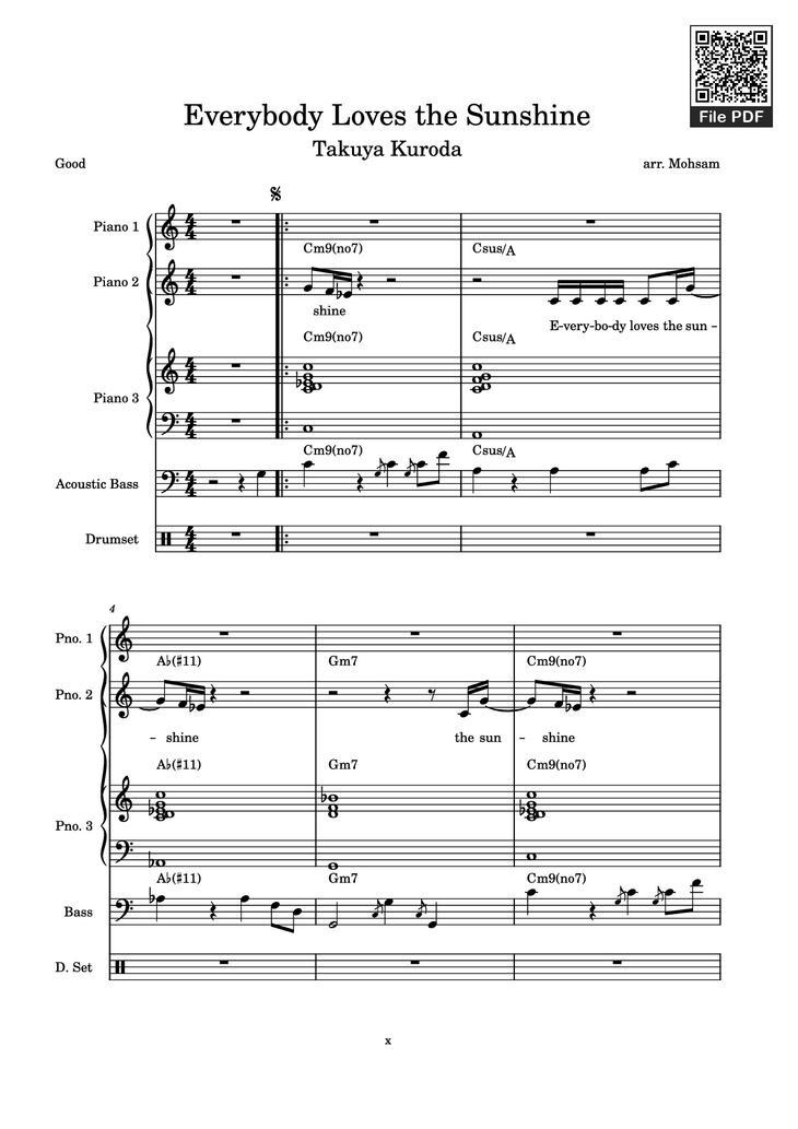 Page 1 of the piano sheet music PDF Piano Guitar Tab - Everybody Loves the Sunshine Piano by Arr. Mohsam