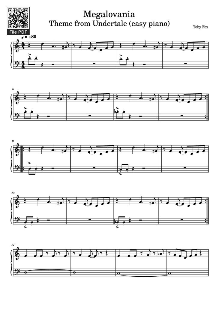 Page 1 of the piano sheet music PDF Piano - Megalovania Theme from Undertale (easy piano) by Toby Fox