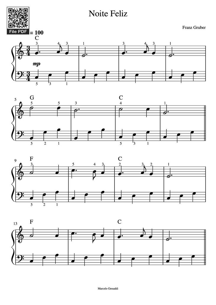 Page 1 of the piano sheet music PDF Piano - Noite Feliz Piano by Franz Gruber