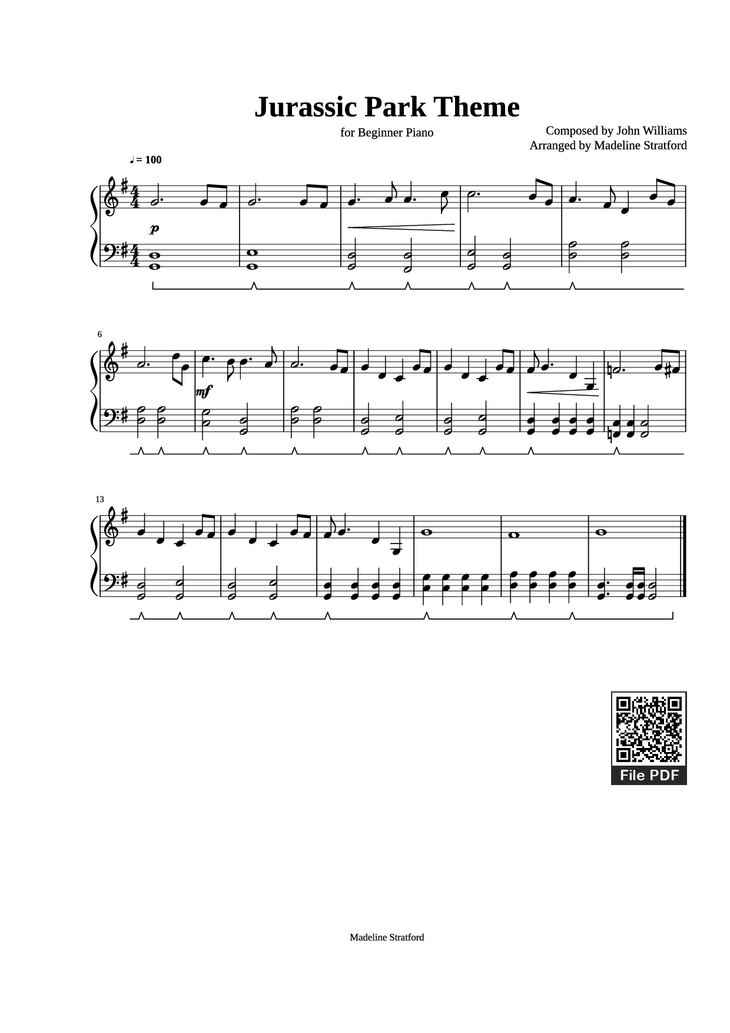 Page 1 of the piano sheet music PDF Piano - Jurassic Park Theme Piano by Composed by John Williams