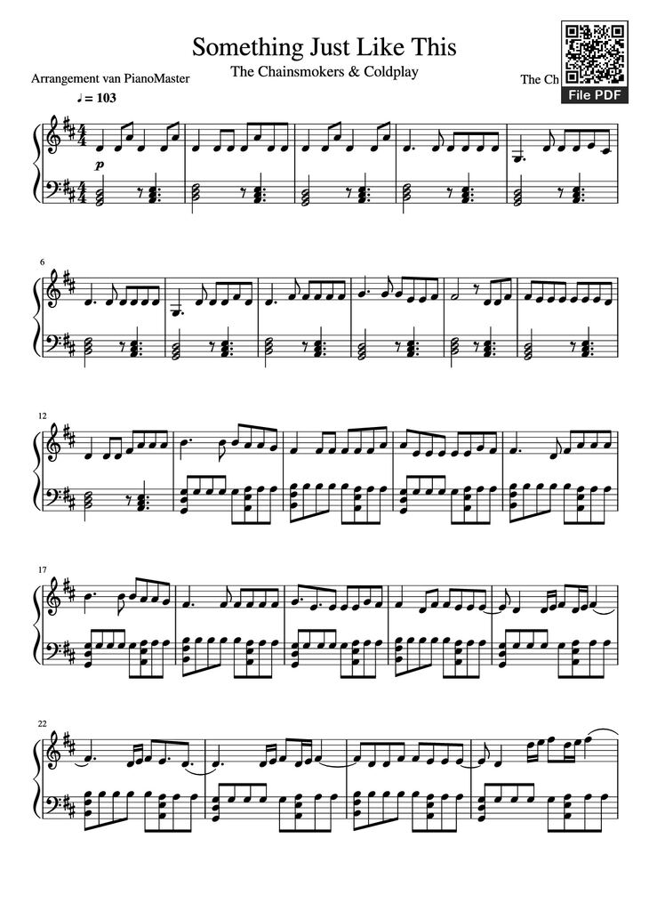 Page 1 of the piano sheet music PDF Piano - Something Just Like This Piano by The Chainsmokers