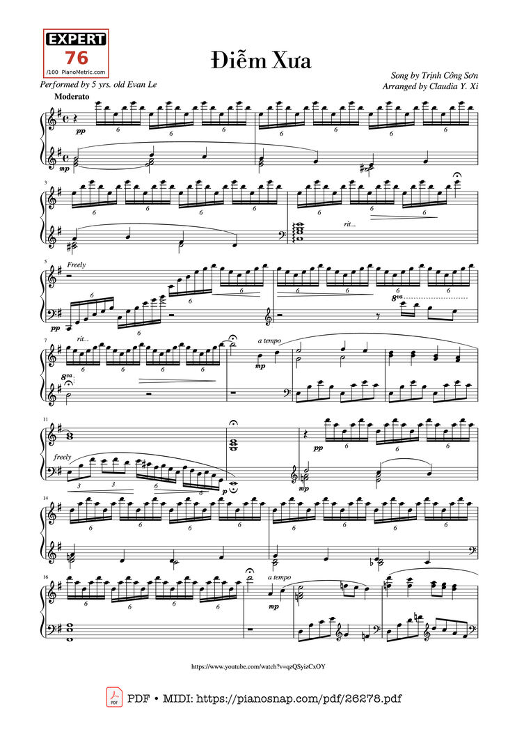 Page 1 of the piano sheet music PDF Piano - Điễm Xưa Piano (Performed by Evan Le) by Trịnh Công Sơn